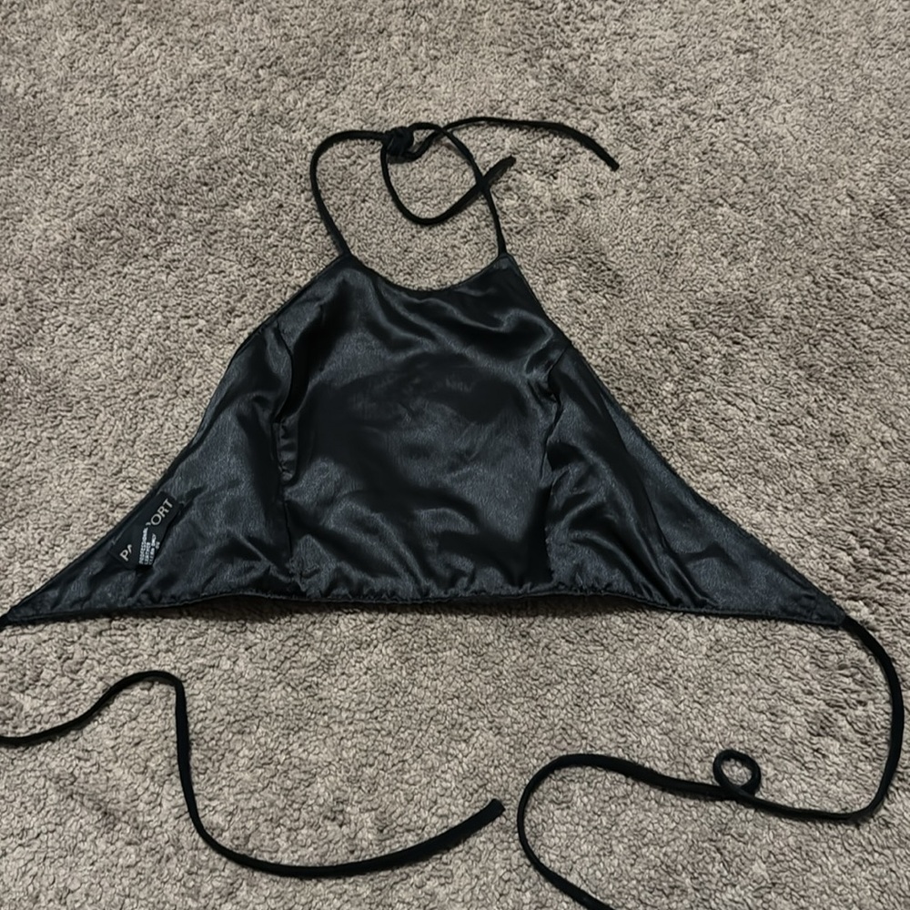 Genuine Leather Halter Top-M-Black with Embroidered Front Detail-Ties-Like New - Picture 11 of 14